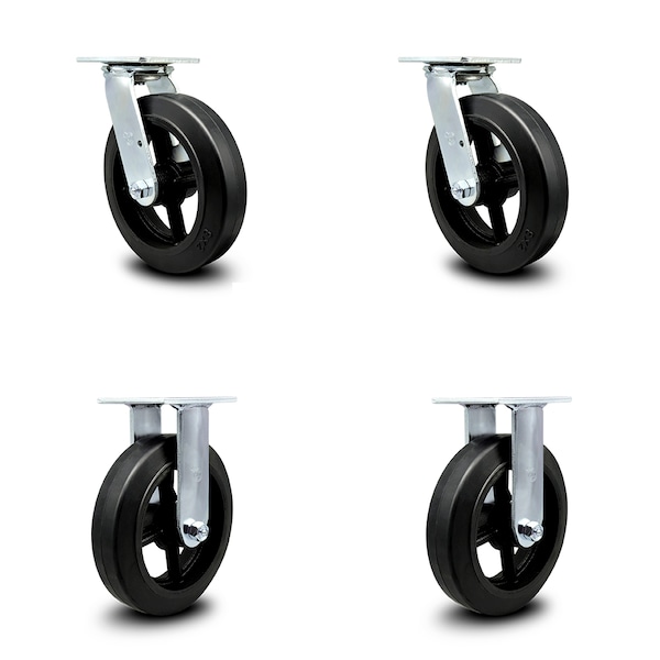 8 Inch Rubber on Steel Caster Set with Ball Bearings 2 Swivel 2 Rigid SCC